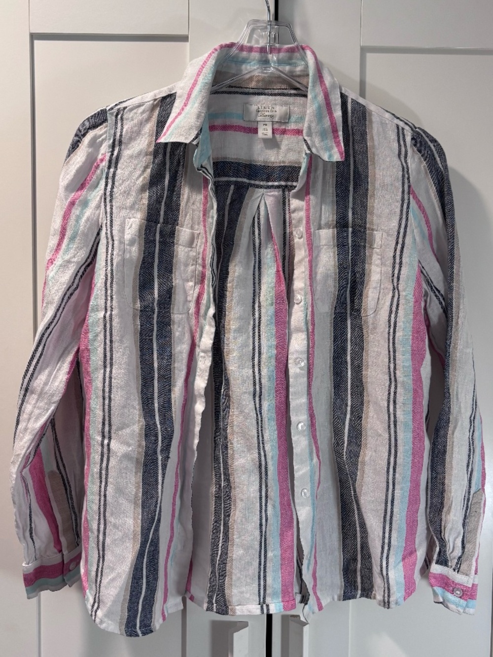 100% Linen Charter Club Luxury Womens Size PS stripe white long-sleeve button-up